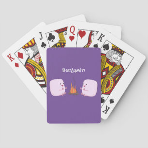 Cute pink marshmallows by camp fire cartoon playing cards