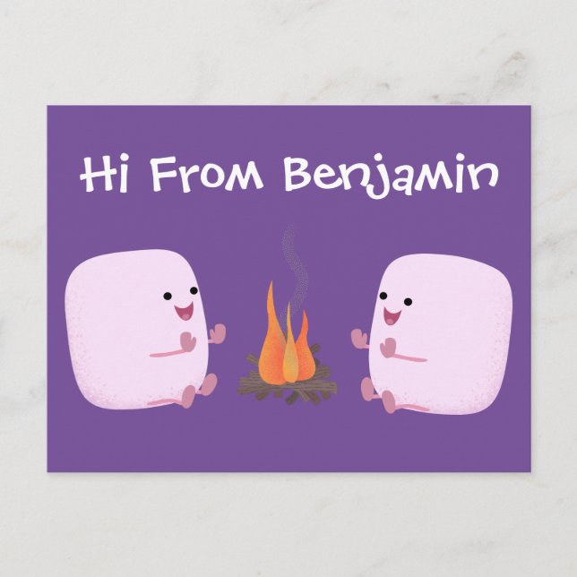 Cute pink marshmallows by camp fire cartoon postcard (Front)