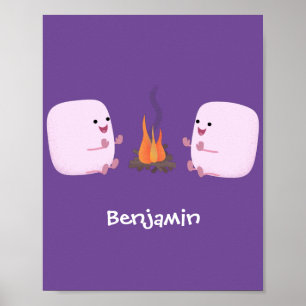 Cute pink marshmallows by camp fire cartoon poster