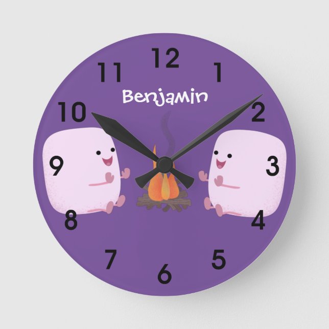 Cute pink marshmallows by camp fire cartoon round clock (Front)