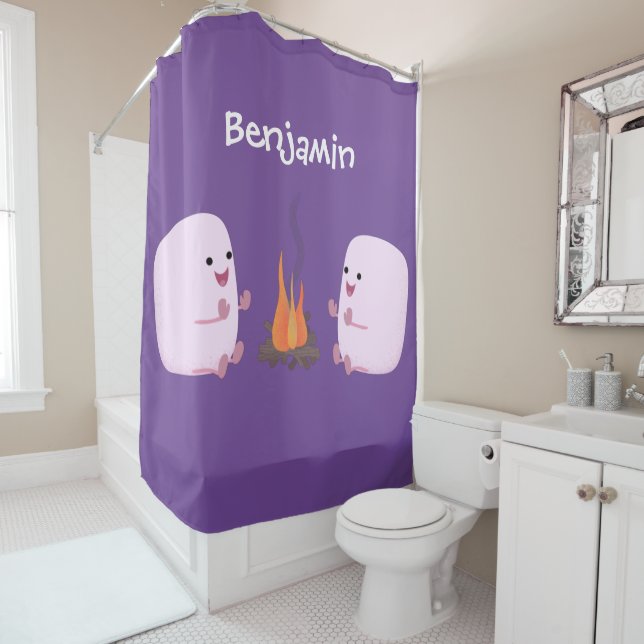Cute pink marshmallows by camp fire cartoon shower curtain (In Situ)
