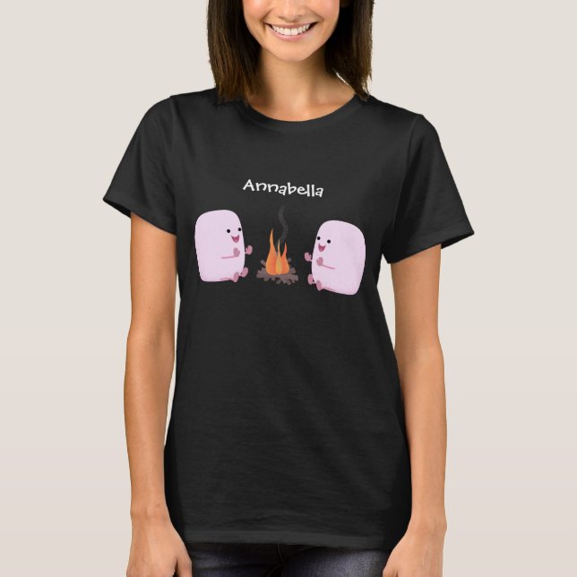 Cute pink marshmallows by camp fire cartoon T-Shirt (Front)