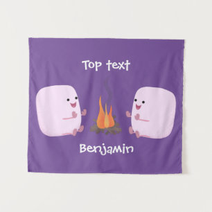 Cute pink marshmallows by camp fire cartoon  tapestry