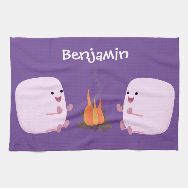 Cute pink marshmallows by camp fire cartoon tea towel (Horizontal)