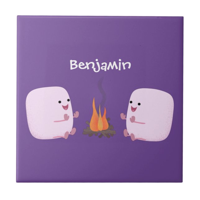 Cute pink marshmallows by camp fire cartoon tile (Front)