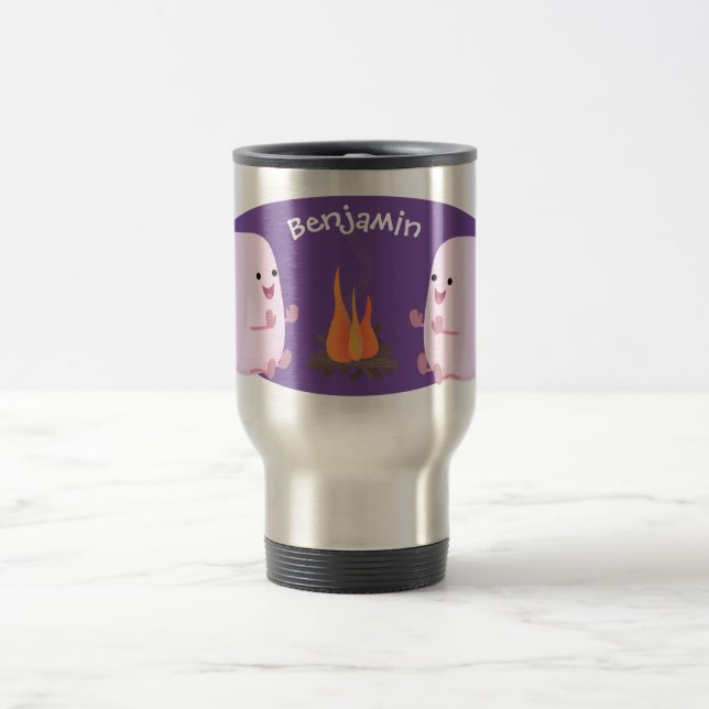 Cute pink marshmallows by camp fire cartoon travel mug (Center)