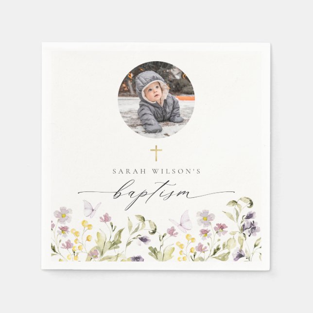 Cute Pink Meadow Floral Butterfly Photo Baptism Napkin (Front)