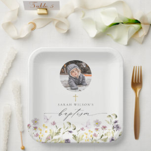 Cute Pink Meadow Floral Butterfly Photo Baptism Paper Plate