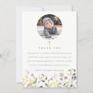 Cute Pink Meadow Floral Butterfly Photo Baptism Thank You Card