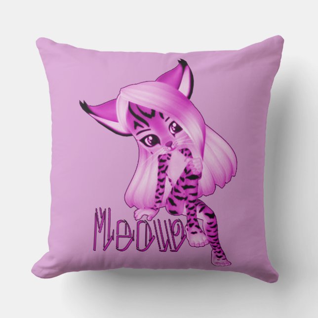 Cute Pink Meow Tiger Cat Throw Pillow (Front)