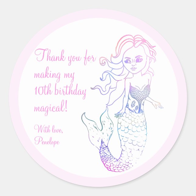 Cute Pink Mermaid Birthday Party Thank You Favour Classic Round Sticker (Front)
