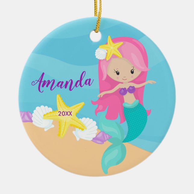 Cute Pink Mermaid Christmas Ornament (Front)