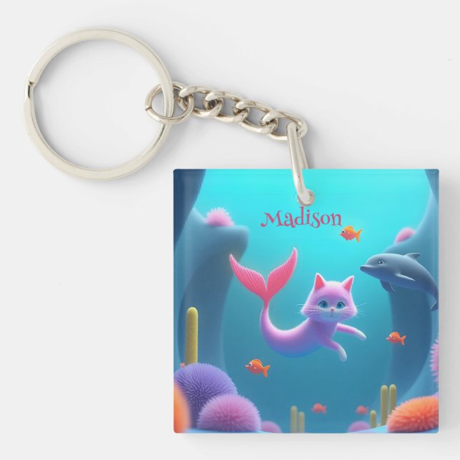 Cute Pink Mermaid Kitten Key Ring (Front)