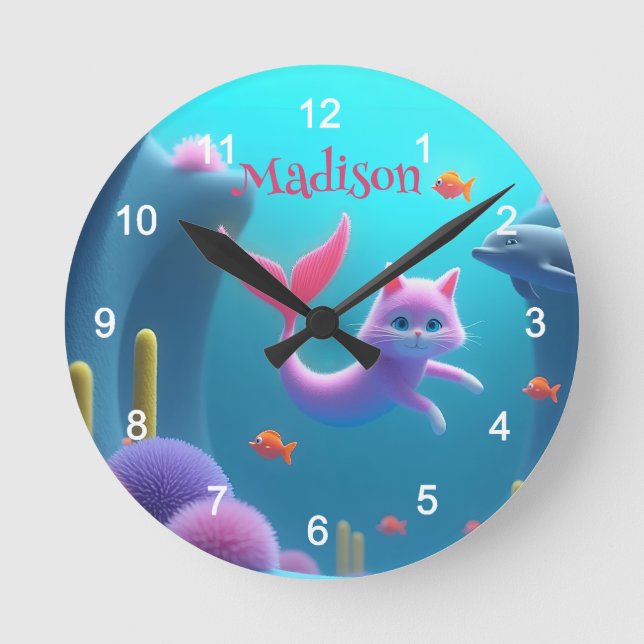 Cute Pink Mermaid Kitten Round Clock (Front)