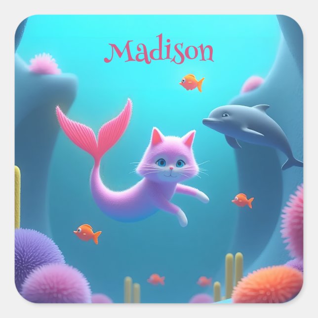 Cute Pink Mermaid Kitten Square Sticker (Front)