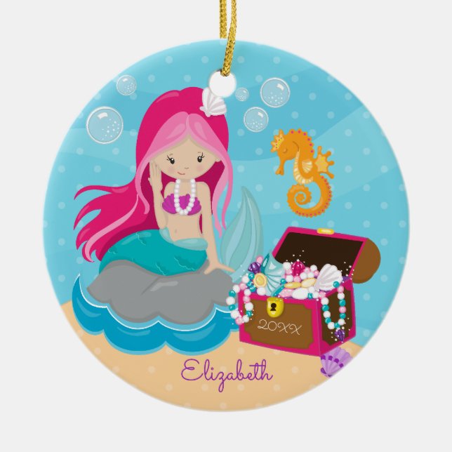 Cute Pink Mermaid Personalised Christmas Ornament (Front)