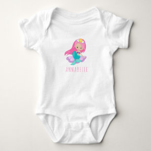 Cute Pink Mermaid Princess Girl Sitting Sea Shell Baby Bodysuit