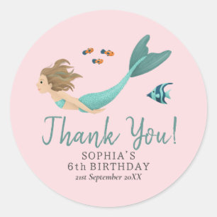Cute Pink Mermaid Thank You Kids Birthday Classic Round Sticker
