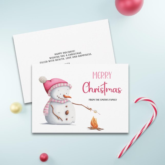 Cute Pink Merry Christmas Snowman Marshmallows Holiday Card (Creator Uploaded)