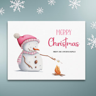 Cute Pink Merry Christmas Snowman Marshmallows Postcard