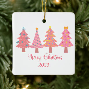 Cute Pink Merry Christmas Tree Ceramic Ornament