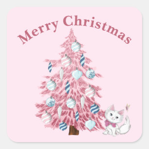 Cute Pink Merry Christmas Tree & Kitten Square Sticker