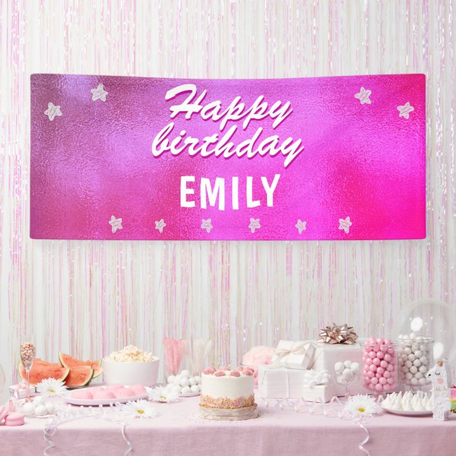 Cute Pink Metallic Star Girly Happy Birthday Banner (Party)