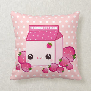 Cute pink milk carton with kawaii strawberries cushion