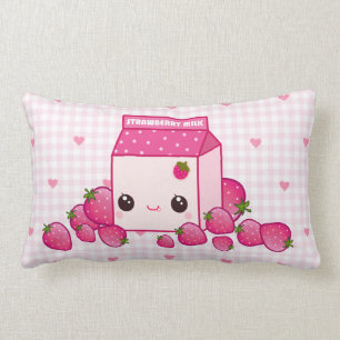 Cute pink milk carton with kawaii strawberries lumbar cushion