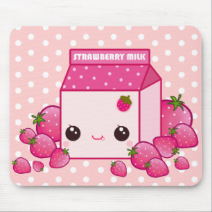 Cute pink milk carton with kawaii strawberries mouse mat