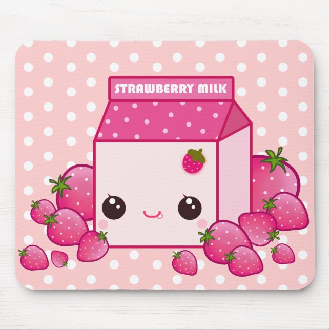 Cute pink milk carton with kawaii strawberries mouse mat (Front)