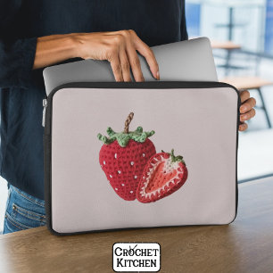 Cute Pink Minimal Granny Chic Crochet Strawberry Laptop Sleeve