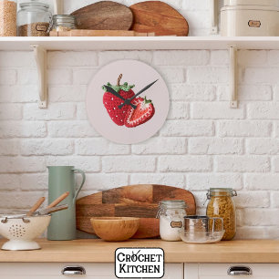 Cute Pink Minimal Granny Chic Crochet Strawberry Round Clock