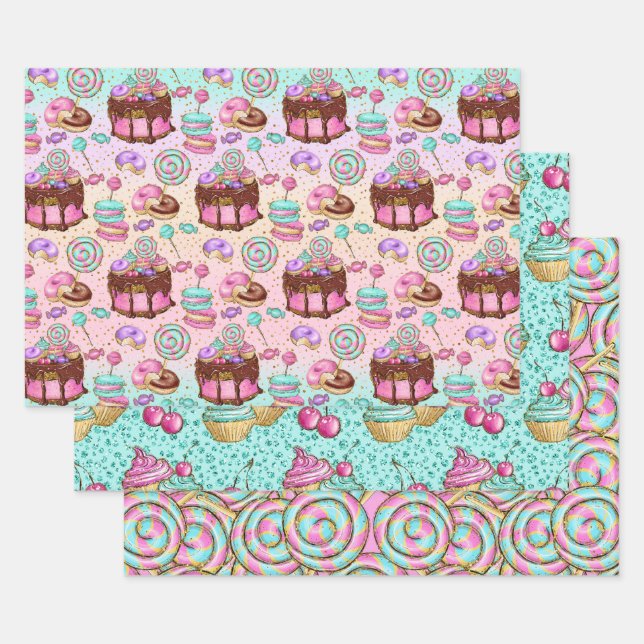 Cute Pink Mint Desserts Cupcakes Doughnuts Wrapping Paper Sheet (Set)