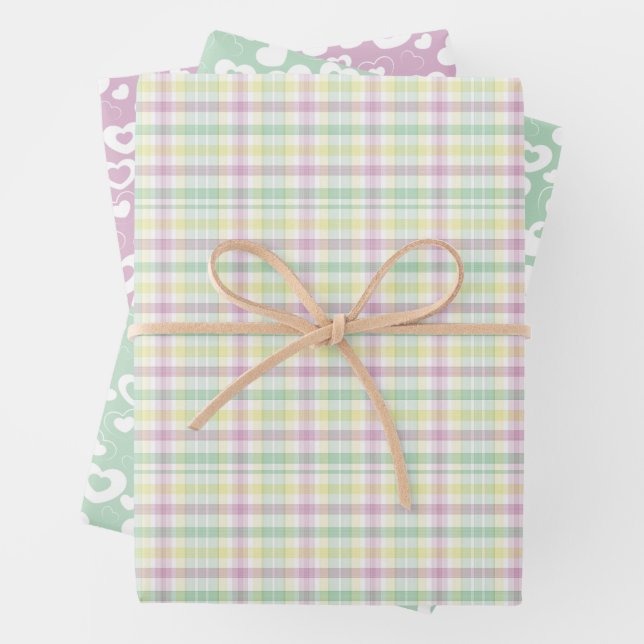 Cute Pink Mint Green Stripes Checks Hearts Pattern Wrapping Paper Sheet (In situ)