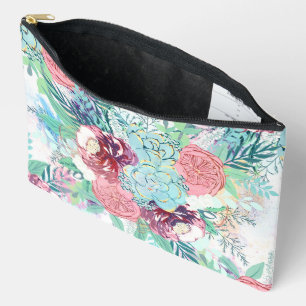Cute Pink Mint Peony & Succulent Floral Hand Paint Accessory Pouch