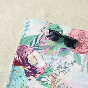 Cute Pink Mint Peony & Succulent Floral Hand Paint Beach Towel