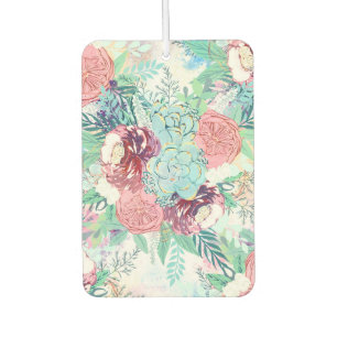Cute Pink Mint Peony & Succulent Floral Hand Paint Car Air Freshener