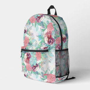 Cute Pink Mint Peony & Succulent Floral Hand Paint Printed Backpack