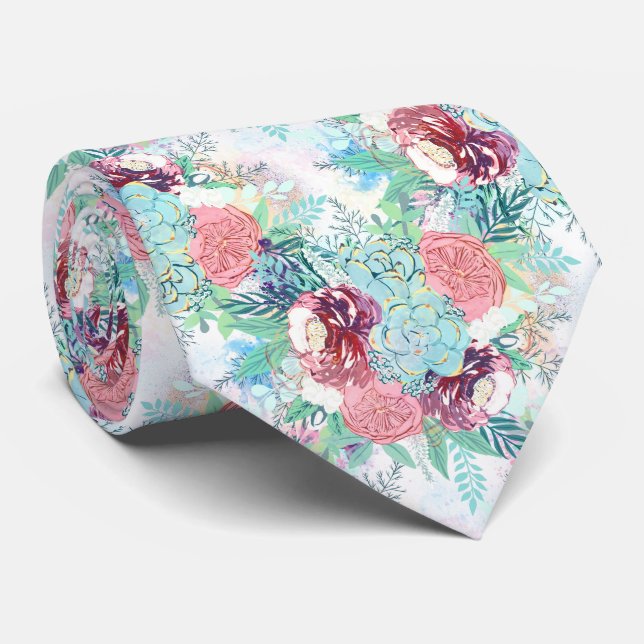 Cute Pink Mint Peony & Succulent Floral Hand Paint Tie (Rolled)