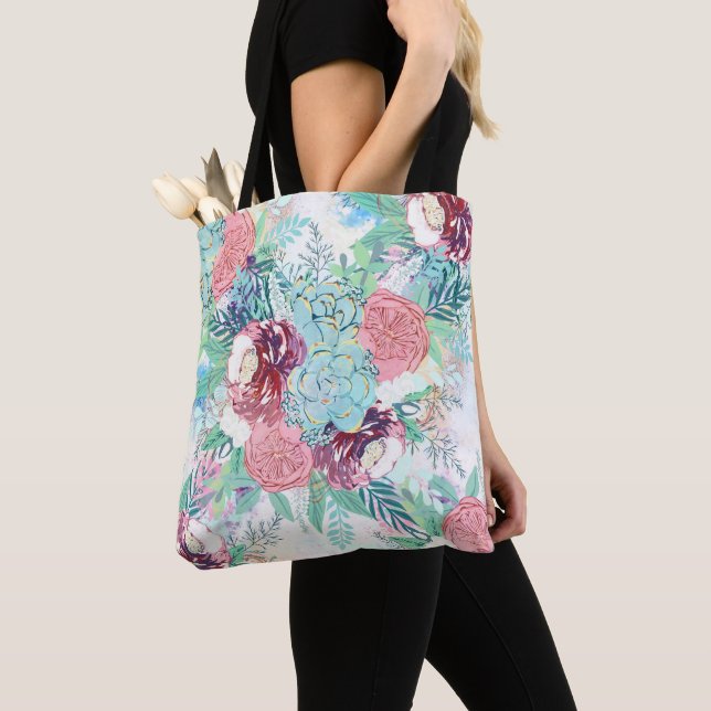Cute Pink Mint Peony & Succulent Floral Hand Paint Tote Bag (Close Up)