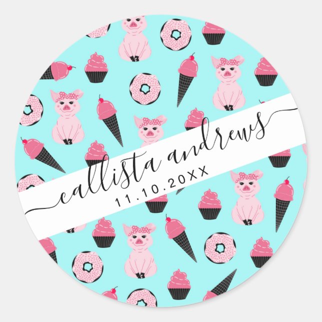 Cute Pink Mint Piggy Doughnut Ice Cream Cone Patte Classic Round Sticker (Front)