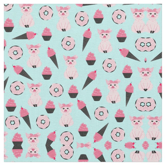 Cute Pink Mint Piggy Doughnut Ice Cream Cone Patte Fabric (Close Up)