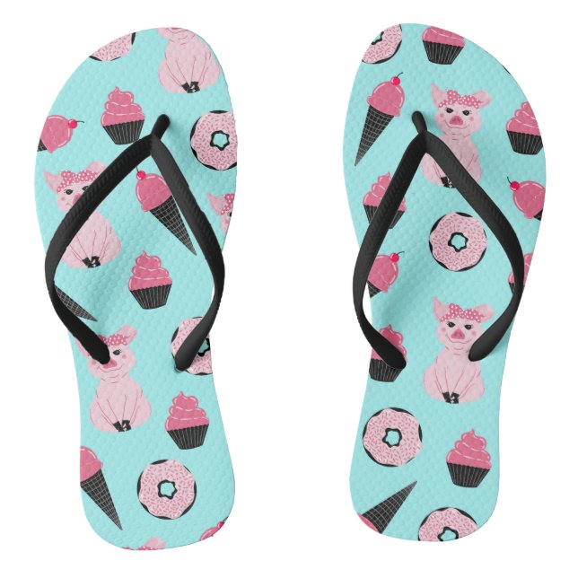 Cute Pink Mint Piggy Doughnut Ice Cream Cone Patte Flip Flops (Footbed)