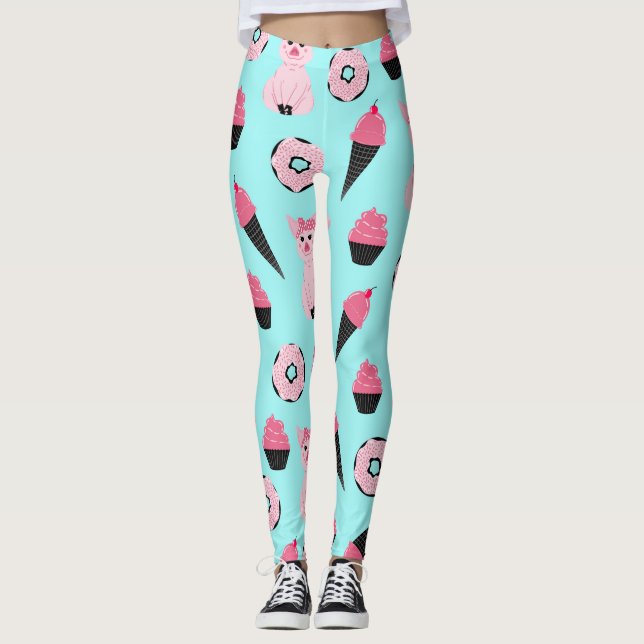 Cute Pink Mint Piggy Doughnut Ice Cream Cone Patte Leggings (Front)