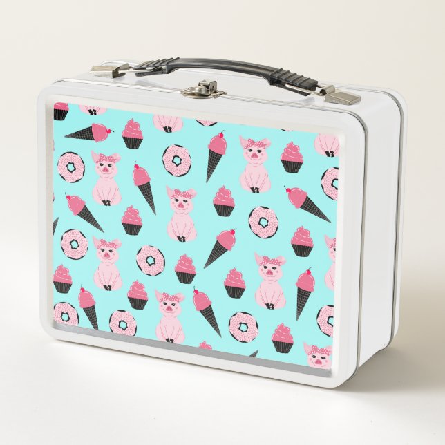 Cute Pink Mint Piggy Doughnut Ice Cream Cone Patte Metal Lunch Box (Front)
