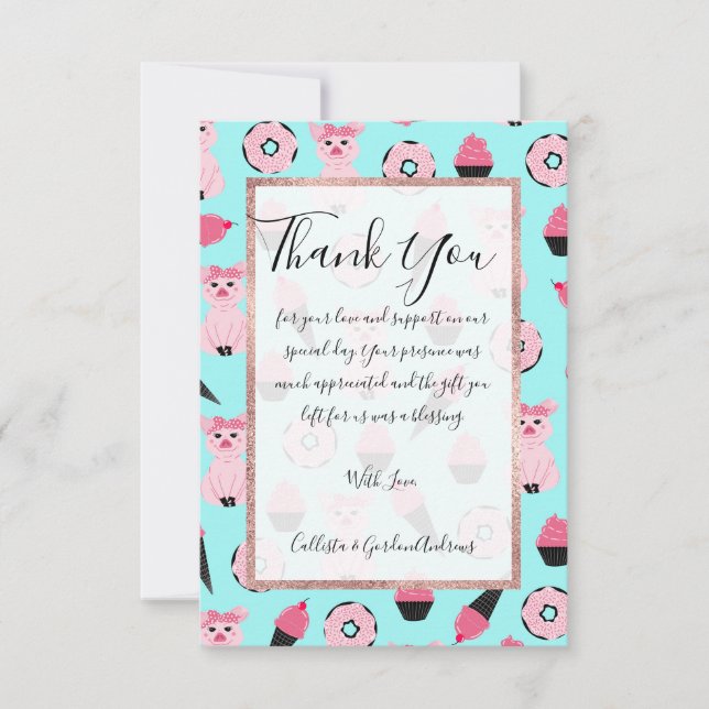 Cute Pink Mint Piggy Doughnut Ice Cream Cone Patte Thank You Card (Front)