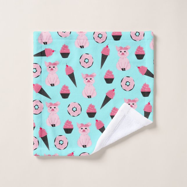 Cute Pink Mint Piggy Doughnut Ice Cream Cone Patte Wash Cloth (Wash Cloth)