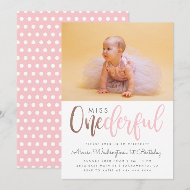 Cute Pink Miss Onederful Script Photo 1st Birthday Invitation (Front/Back)
