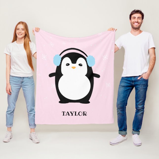 Cute Pink modern baby penguin kawaii Illustration Fleece Blanket (In Situ)